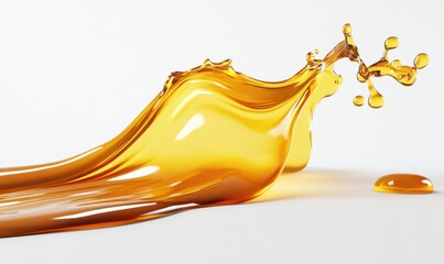 Fototapeta premium Golden liquid splash, flowing wave, white background, advertising