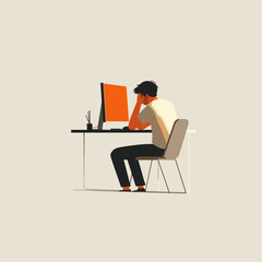 Depressed guy working on computer flat vector design