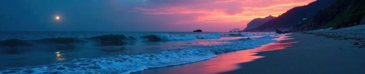 Obraz premium Whispers of ocean waves on a moonlit beach at dawn , watercolor, tide, moonlight