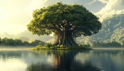 Majestic Banyan Tree by Serene Lake: A Digital Painting of Tranquil Nature