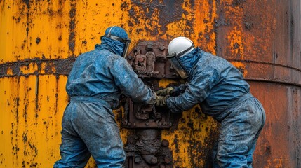 Two workers in protective gear repairing a large, rusty industrial valve against an orange weathered backdrop