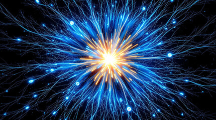Neural Network Visualization with Glowing Blue and Orange Filaments