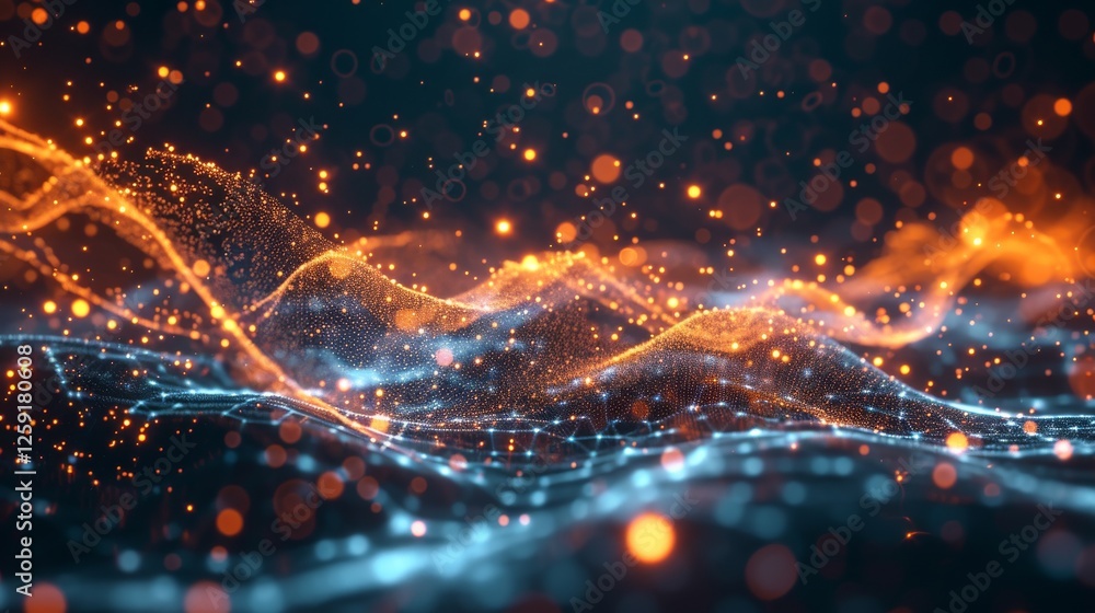 Aufkleber a futuristic representation of data waves flowing with glowing particles, forming an abstract landsc