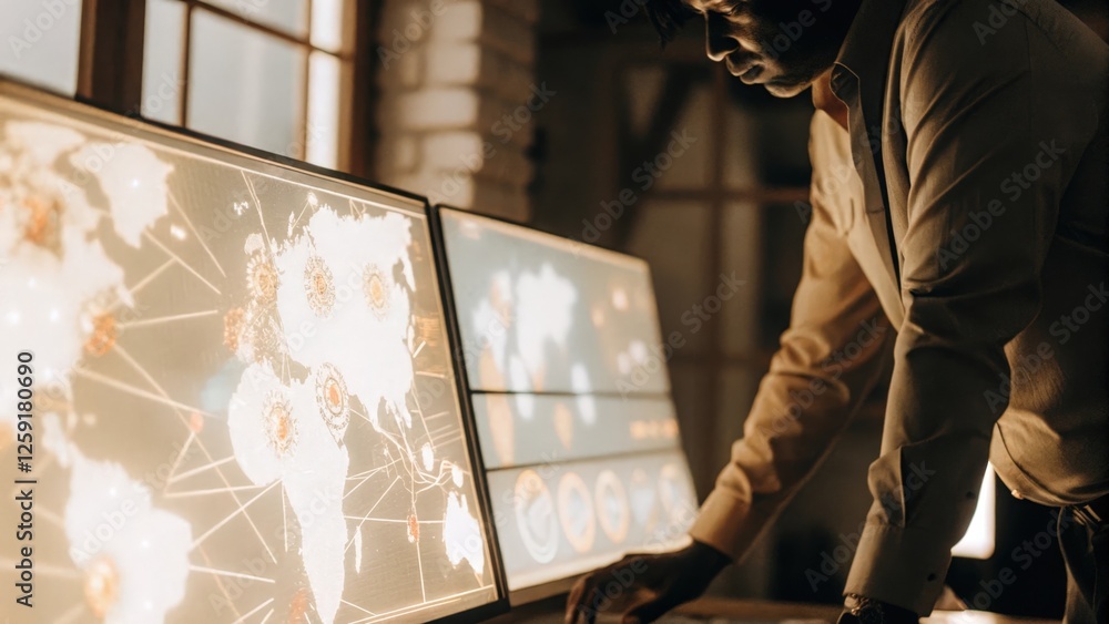 Poster an illuminated virtual dashboard surrounded by vibrant holographic icons as a business leader leans 