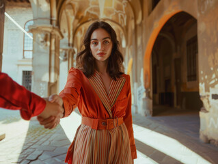 model in stylish orange outfit shakes hands in historic setting