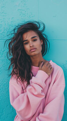 Fototapeta premium Model with long hair in pink sweatshirt against aqua background, exuding confidence