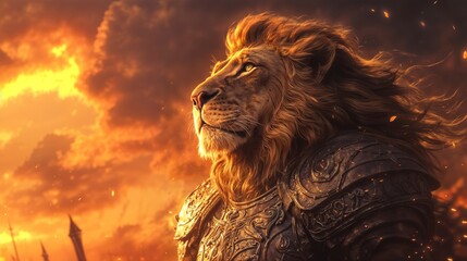 Majestic lion with a flowing mane,wearing intricately designed armor,standing proudly against a fiery sunset with golden sparks.Heroism,strength,leadership,mythical warrior,fantasy legend,power, pride