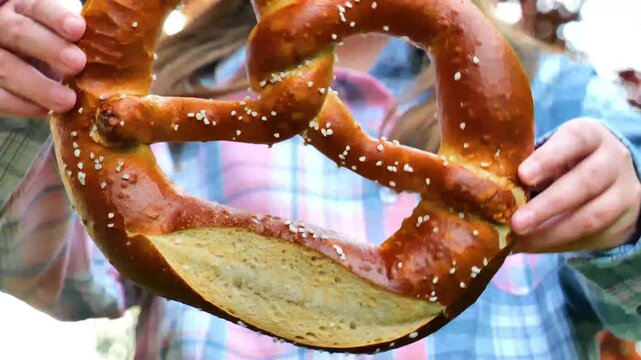 Pretzel in a girls hands.Bavarian traditional pastry. Oktoberfest food traditional. Bretzel in the hands of a child.Traditional baked goods from Germany.fresh Baked pretzel. 4k footage