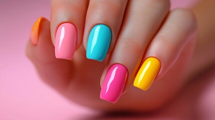 A close-up of a hand with vibrant, glossy nail polish in bright shades of pink, blue, yellow, and orange, creating a fun and trendy look.  
