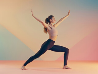 Empowered woman in yoga pose, harmoniously extending arms and legs