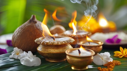 Lit brass oil lamps surrounded by coconuts, flowers, and incense, symbolizing Hindu rituals, spiritual ceremonies, and cultural traditions.  
