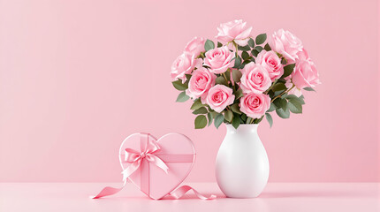 Romantic Pink Roses Bouquet: Valentine's Day Gift with Heart-Shaped Box