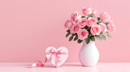 Romantic Pink Roses Bouquet: Valentine's Day Gift with Heart-Shaped Box