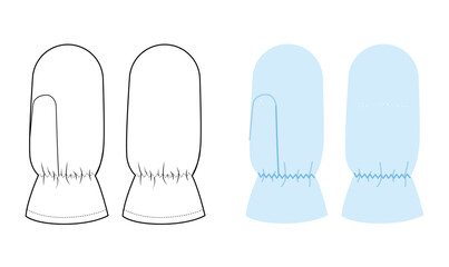 Igloo Gloves One-Fingered Pile Mitten light blue cartoon with flat mockup sketch outline Fashion hand accessory clothing technical illustration garment. Vector for Men women, unisex style template CAD