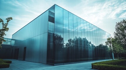 Modern glass building exterior with landscaping.