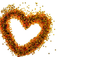 Heart of Gold and Orange Sequins.Valentines day symbol. sequin heart isolated on white background.Romantic Mockup. Heart Design Made of Golden Beads.Romance and love.Glitter Heart Shape Design