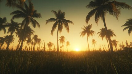 Tropical Sunset Palm Trees Grassland Scene