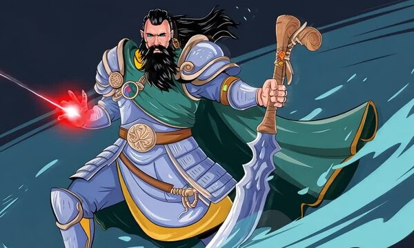 A warrior in ornate armor, with a long beard, holds a glowing object and decorated polearm amidst swirling energy.