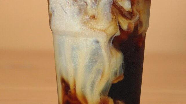 Close-up of iced coffee as creamy milk swirls through the dark liquid.