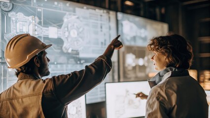 Obraz premium A pair of engineers exchanging ideas pointing at a hovering schematic of a futuristic machine emphasizing collaborative design in the control room.