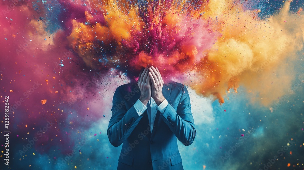 Poster Businessman is shielding his face as a burst of color explodes above his head