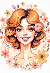 Smiling person with floral background, soft watercolor portrait