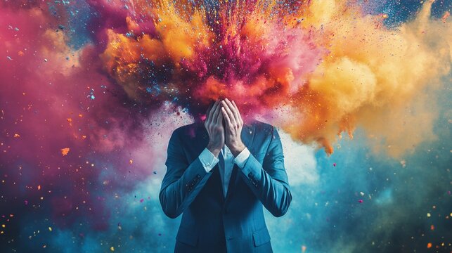 Businessman is shielding his face as a burst of color explodes above his head