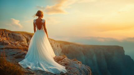 A beautiful bride in an open-back wedding dress, standing on a cliff at sunset, creating a romantic atmosphere