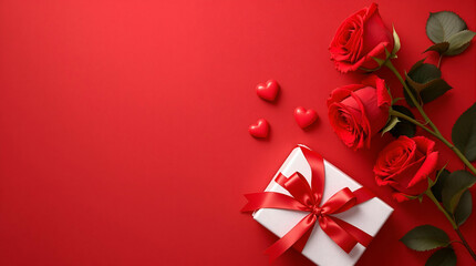 Valentine's Day Gift: Red Roses, Gift Box, and Hearts on Red Background with Copy Space