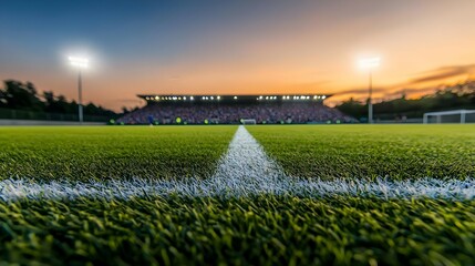Soccer Stadium Field At Sunset With Crowd