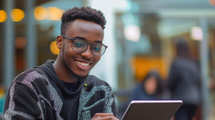 young man with glasses smiles while using tablet in modern setting
