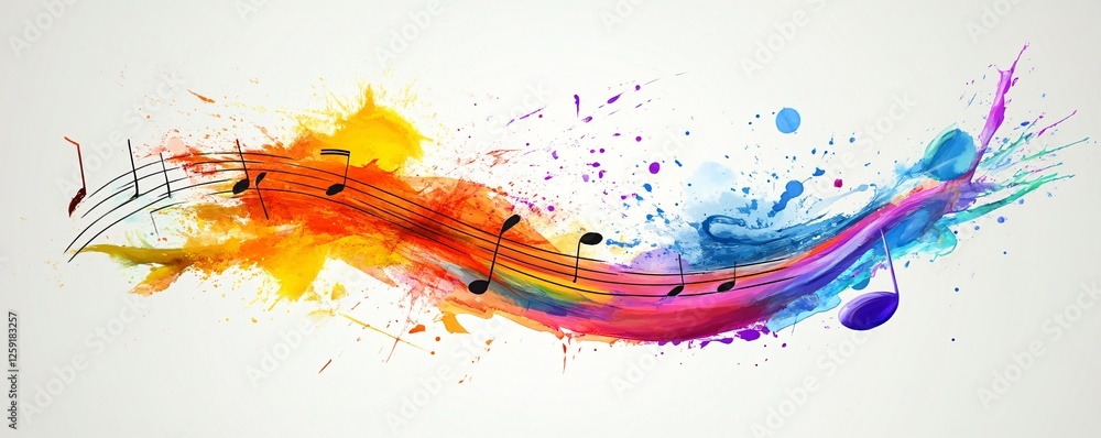 Poster abstract musical notes flowing on a vibrant watercolor wave design element