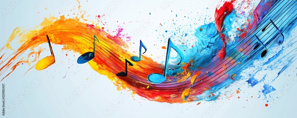 Aufkleber vibrant music notes flow over an abstract backdrop of expressive brush strokes