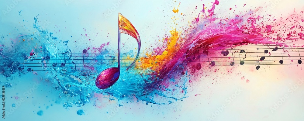 Poster colorful music note exploding with colorful paint on a musical notes background