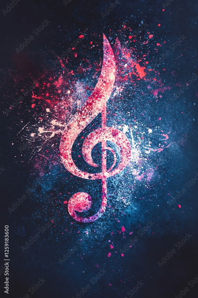 Poster large treble clef exploding with colorful paint splatter on a blue background