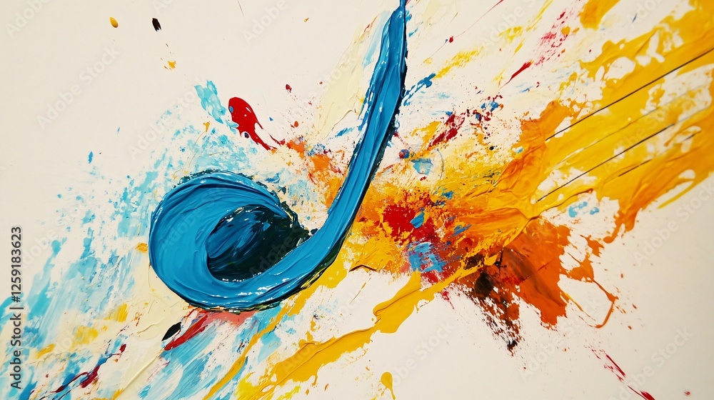 Poster abstract blue music note is exploding with colorful acrylic paint splatters on white canvas