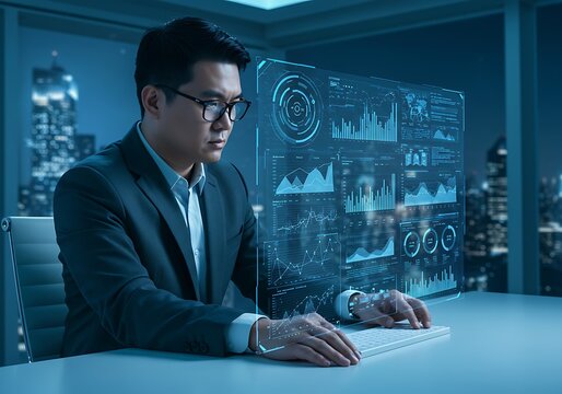 Analyst Reviewing Financial Data on Transparent Display in Modern Office