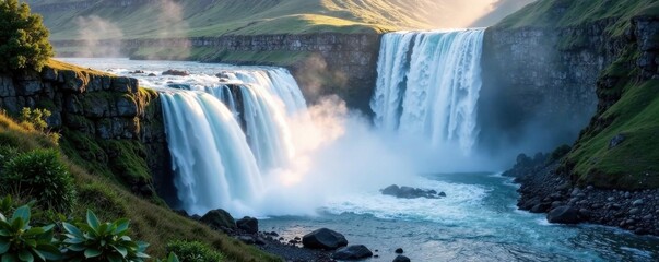Waterfall with gradient textures in the mist , nature, landscape