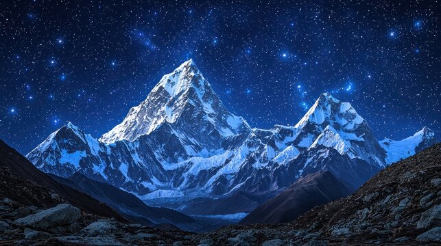Majestic snow capped mountains under a starry night sky