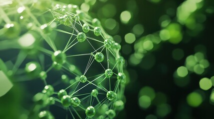 A close-up of a green molecular structure with blurred bokeh background, emphasizing connections and organic elements in a vibrant, nature-inspired theme.