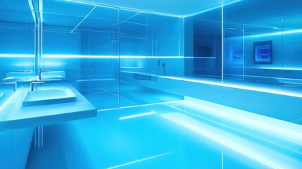 Naklejka premium Modern Blue Bathroom With Sleek Design And Lighting