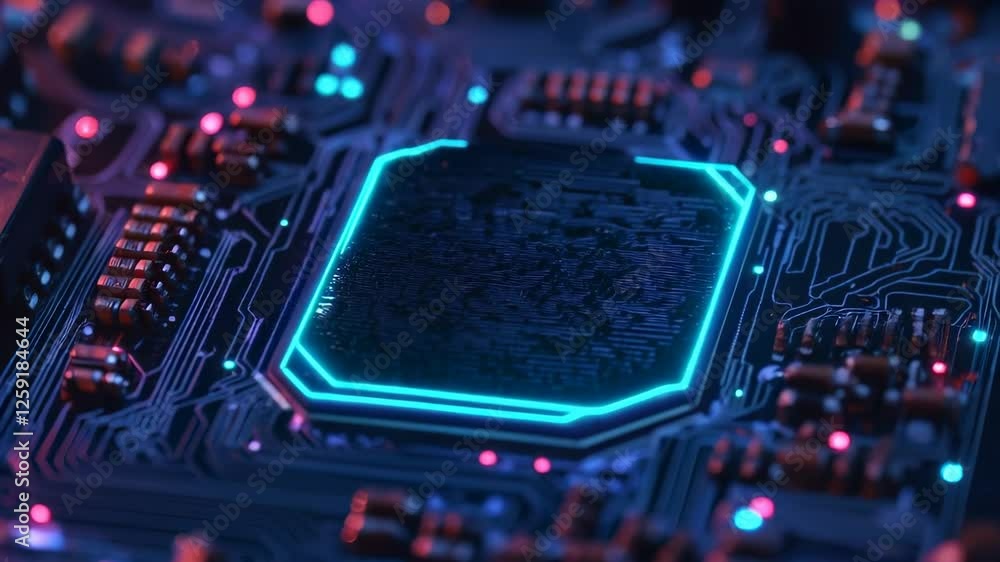 Poster futuristic technology high tech circuit board with glowing microchip and vibrant electronics