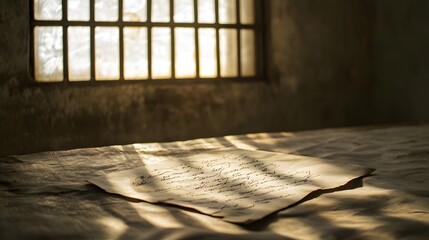 Weathered handwritten letter on aged paper placed on wooden desk, symbolizing a jail letter, evoking somber and reflective emotions, historical and nostalgic concept
