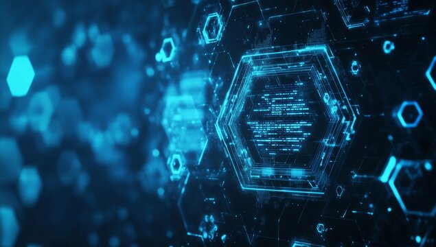 Futuristic digital hexagon interface, abstract code display, technology background