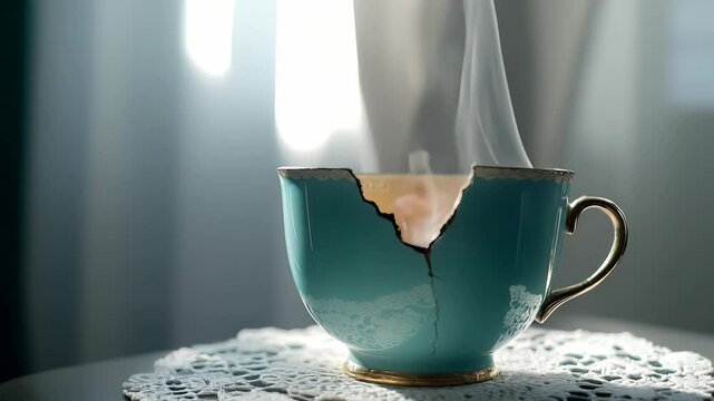 Cracked Blue Teacup with Steam Rising on Lace Doily Symbol of Fragility and Beauty