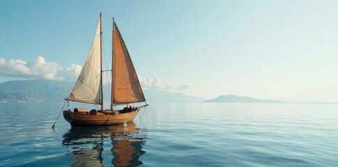 Fototapeta premium Wooden sailboat in calm sea, sailboat, maritime art
