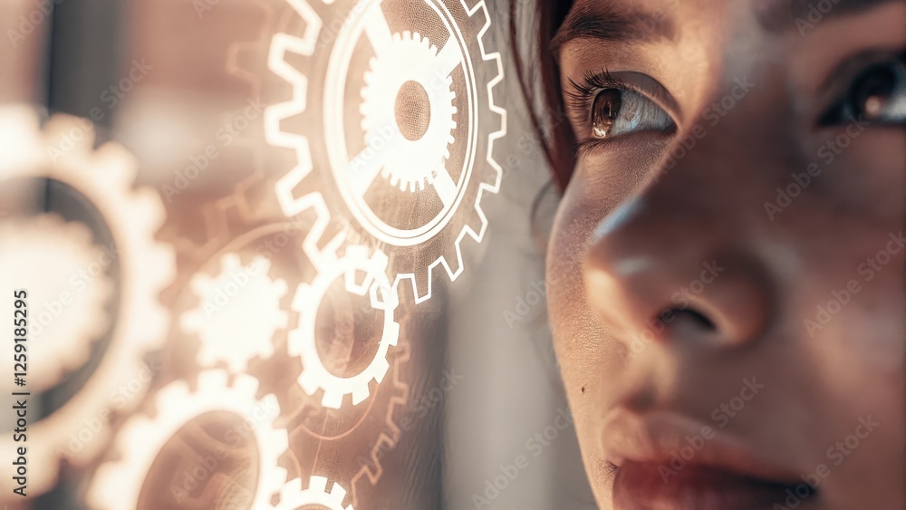 Poster a closeup of a participants face illuminated by a holographic projection of interconnected gears sym
