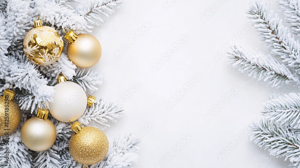 Poster snowy branches and golden ornaments christmas border on white background with space for text
