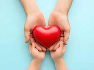 Fototapeta premium Adult and child hands holding heart shape puzzle on light blue background - ai