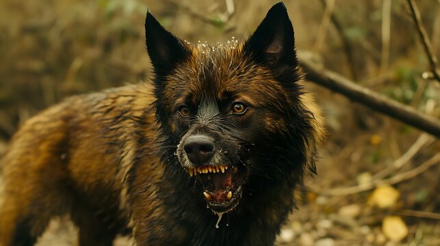 Aggressive rabid dog snarling with frothy saliva, intense eyes, and raised fur, isolated on a blurred background. Concept of danger, wild animal behavior, and rabies awareness